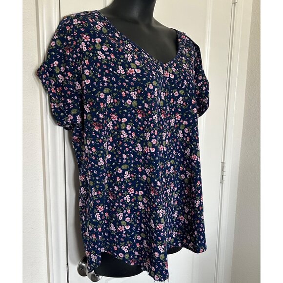 Floral V-Neck Short Sleeve Blouse By New Glory 2X Navy Pink Green Lightweight & - Picture 2 of 6